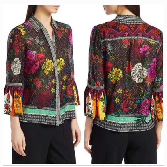 ALICE + OLIVIA Rivera Floral Print Silk-Blend Bell-Sleeve Blouse Size XS - Picture 1 of 3
